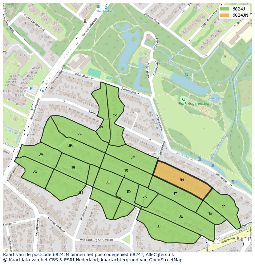 Afbeelding van het postcodegebied 6824 JN op de kaart.