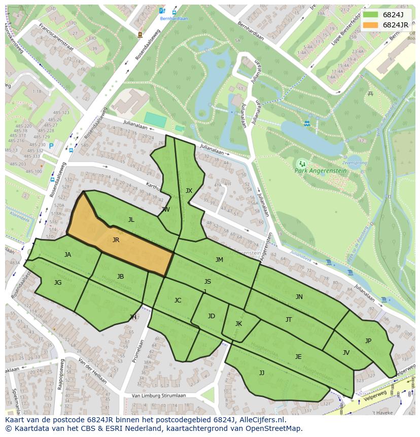 Afbeelding van het postcodegebied 6824 JR op de kaart.