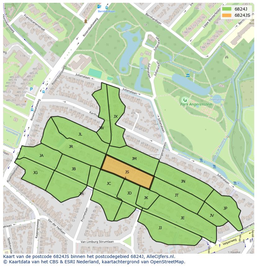 Afbeelding van het postcodegebied 6824 JS op de kaart.