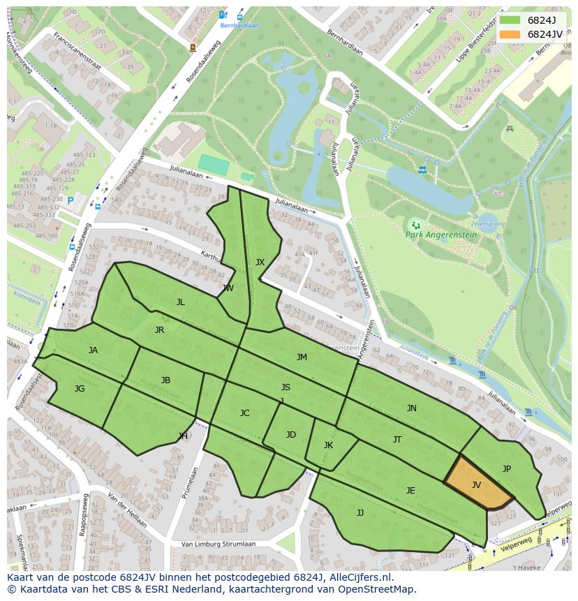 Afbeelding van het postcodegebied 6824 JV op de kaart.