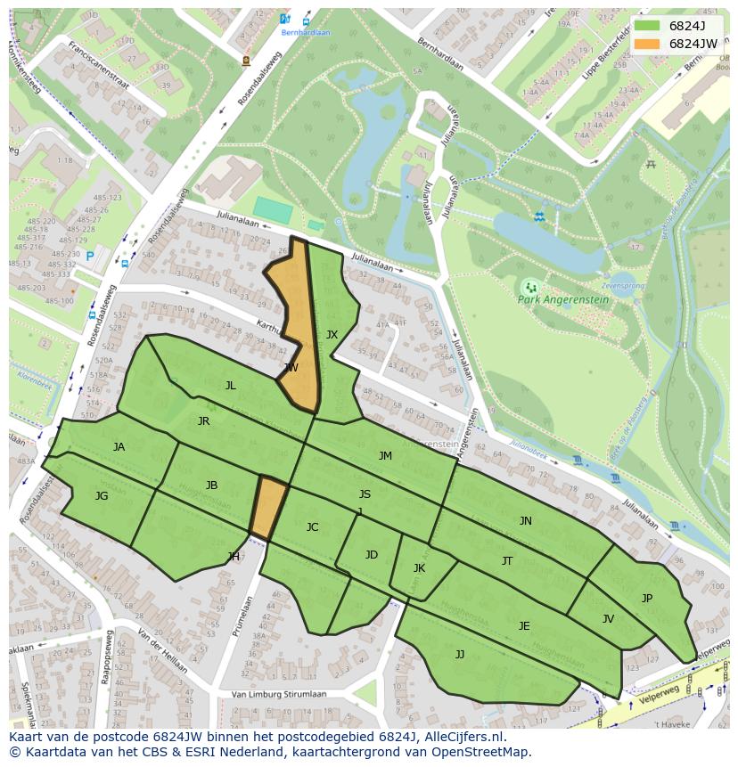 Afbeelding van het postcodegebied 6824 JW op de kaart.
