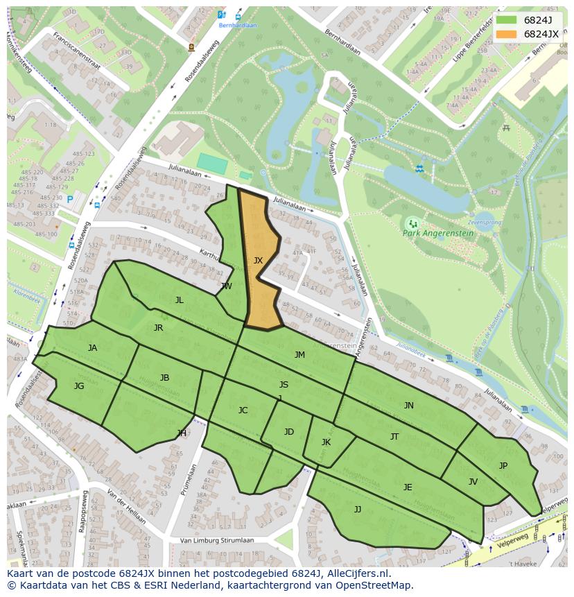 Afbeelding van het postcodegebied 6824 JX op de kaart.