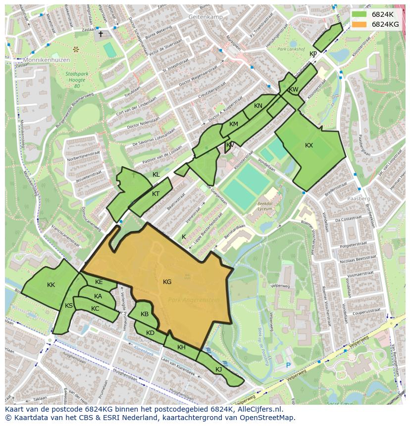 Afbeelding van het postcodegebied 6824 KG op de kaart.