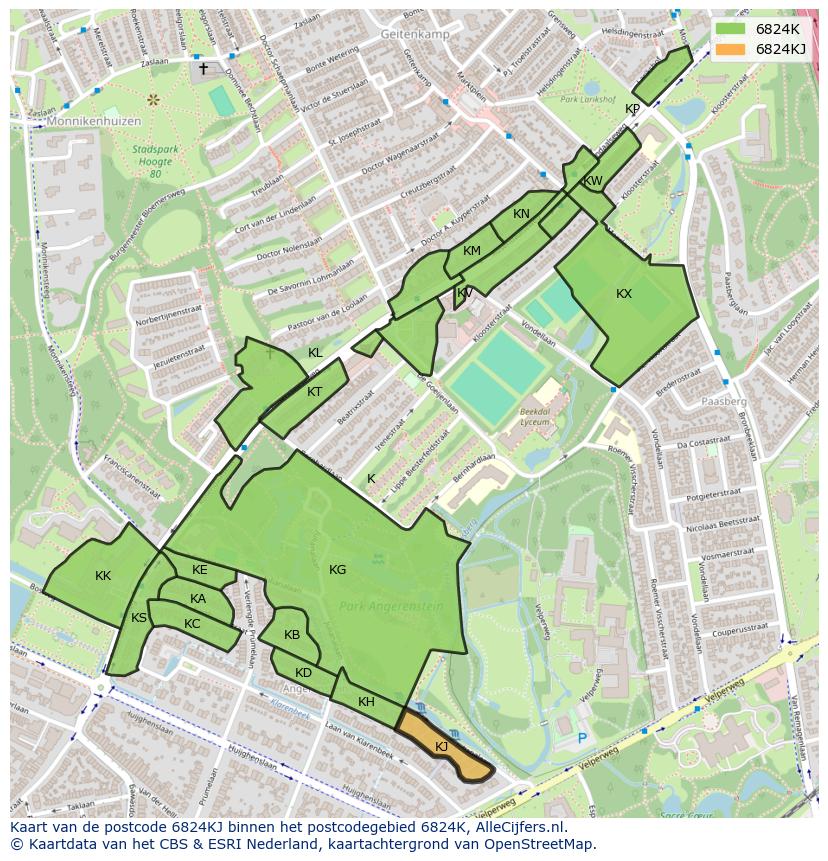 Afbeelding van het postcodegebied 6824 KJ op de kaart.