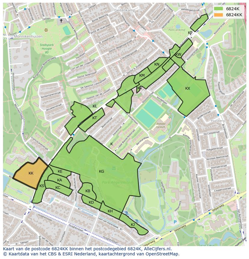 Afbeelding van het postcodegebied 6824 KK op de kaart.