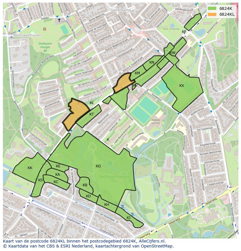 Afbeelding van het postcodegebied 6824 KL op de kaart.