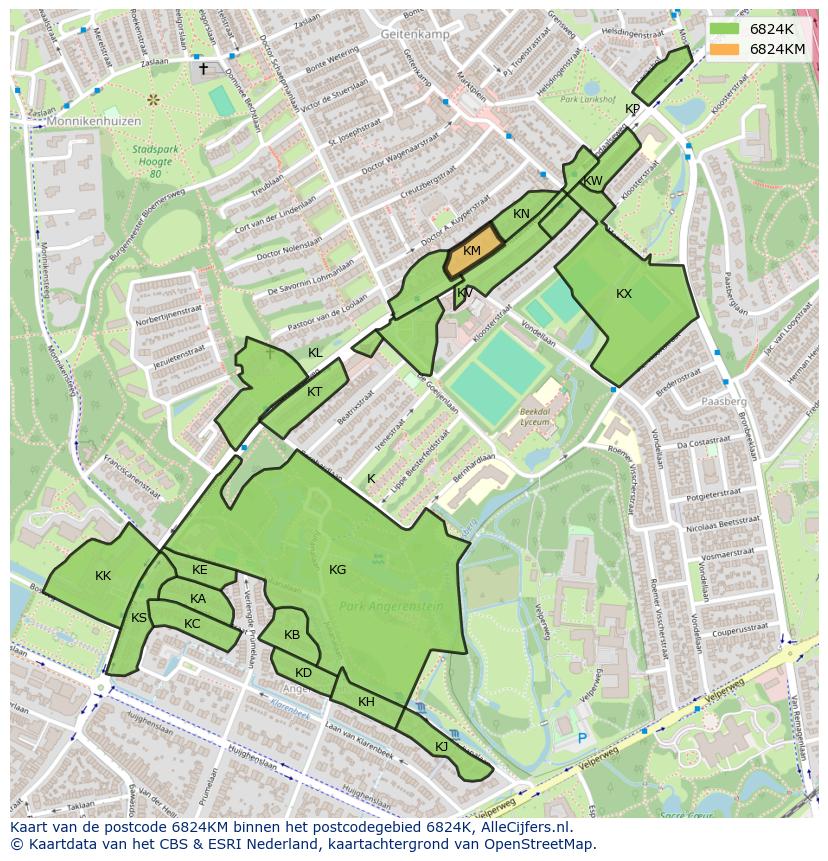 Afbeelding van het postcodegebied 6824 KM op de kaart.