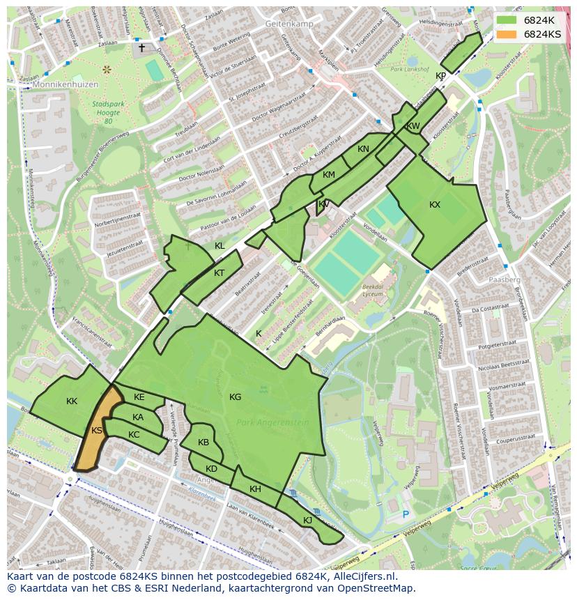 Afbeelding van het postcodegebied 6824 KS op de kaart.