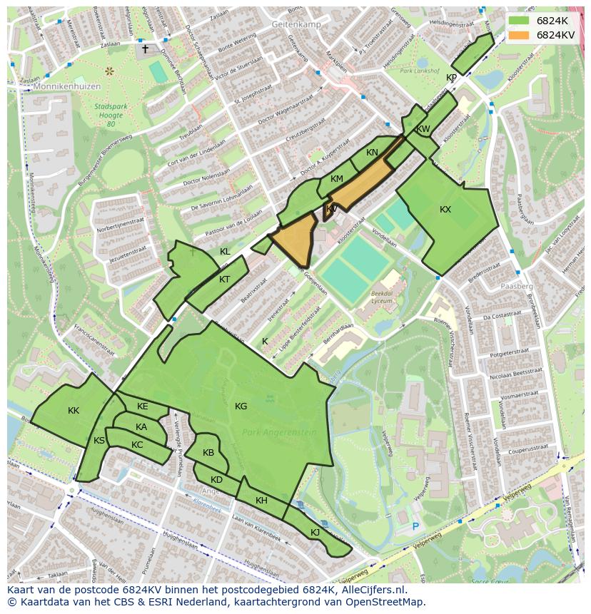 Afbeelding van het postcodegebied 6824 KV op de kaart.