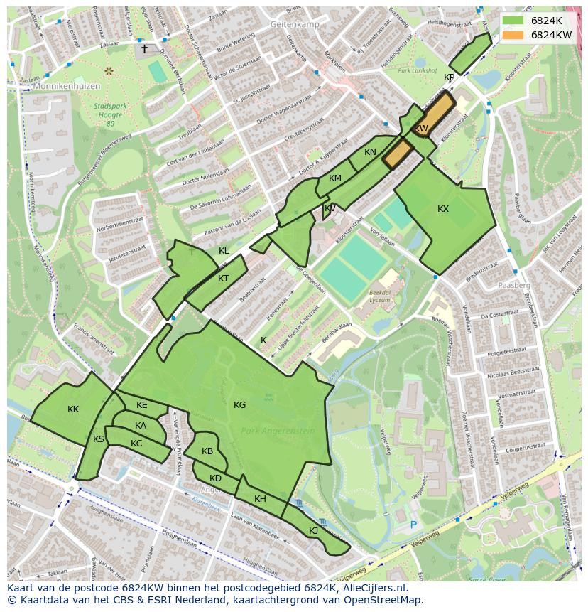 Afbeelding van het postcodegebied 6824 KW op de kaart.