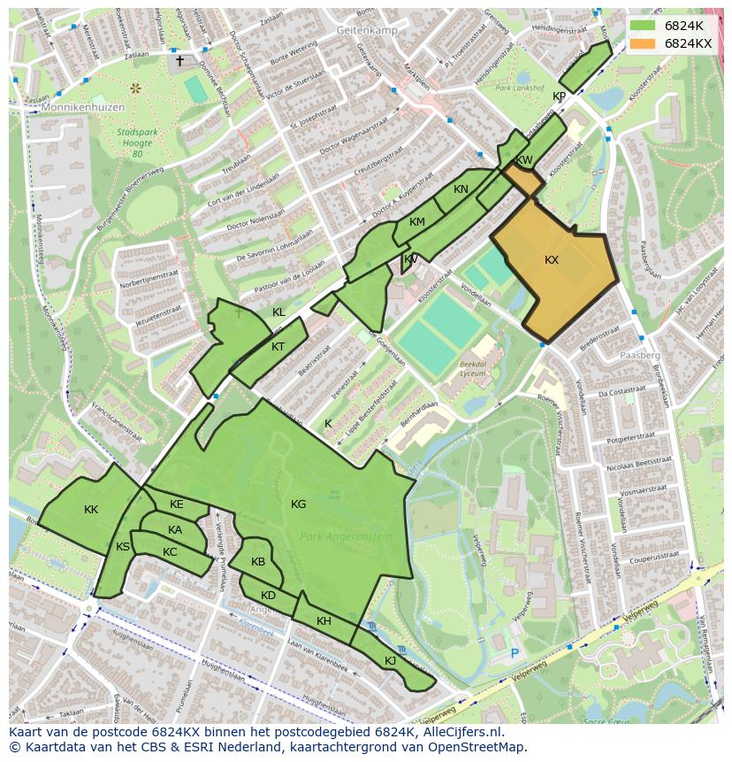 Afbeelding van het postcodegebied 6824 KX op de kaart.