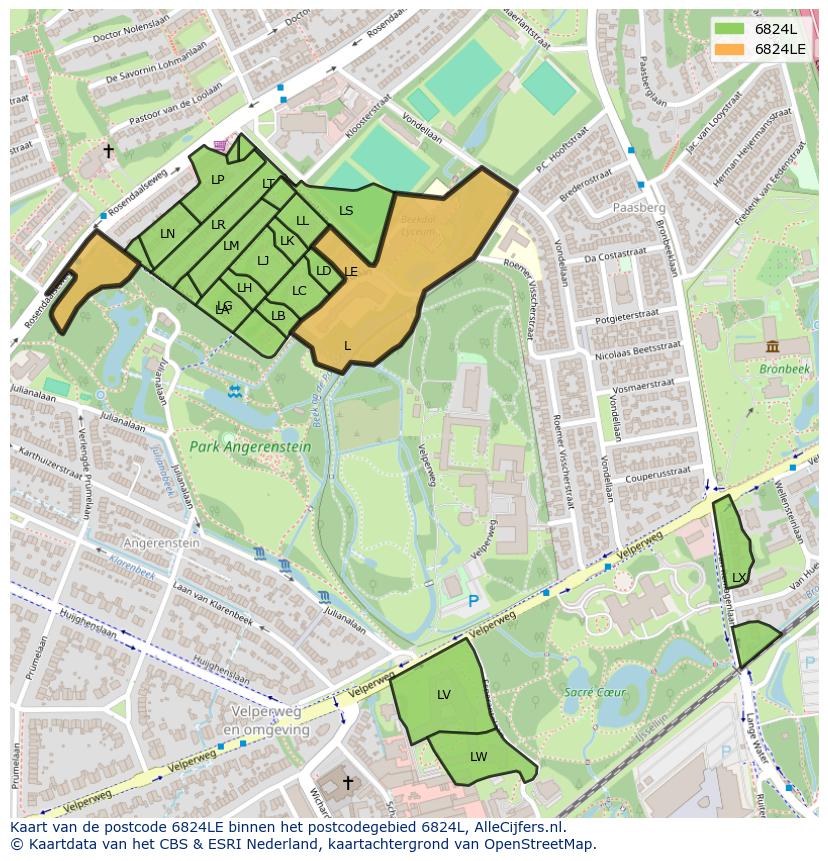Afbeelding van het postcodegebied 6824 LE op de kaart.
