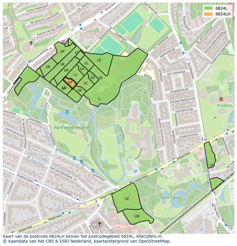 Afbeelding van het postcodegebied 6824 LH op de kaart.