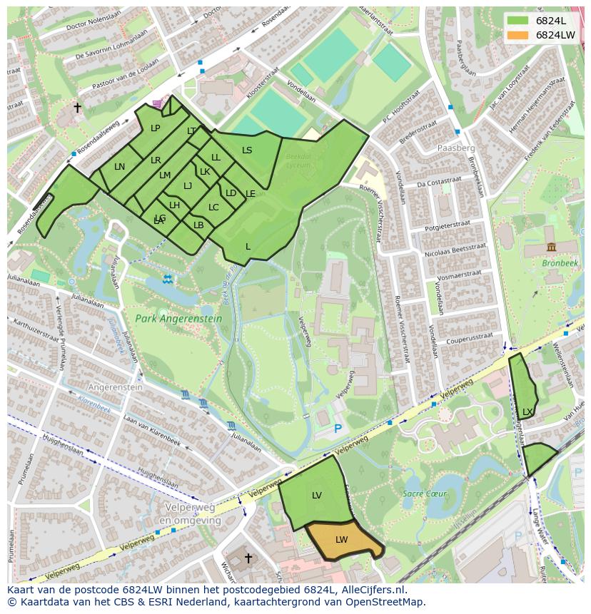 Afbeelding van het postcodegebied 6824 LW op de kaart.