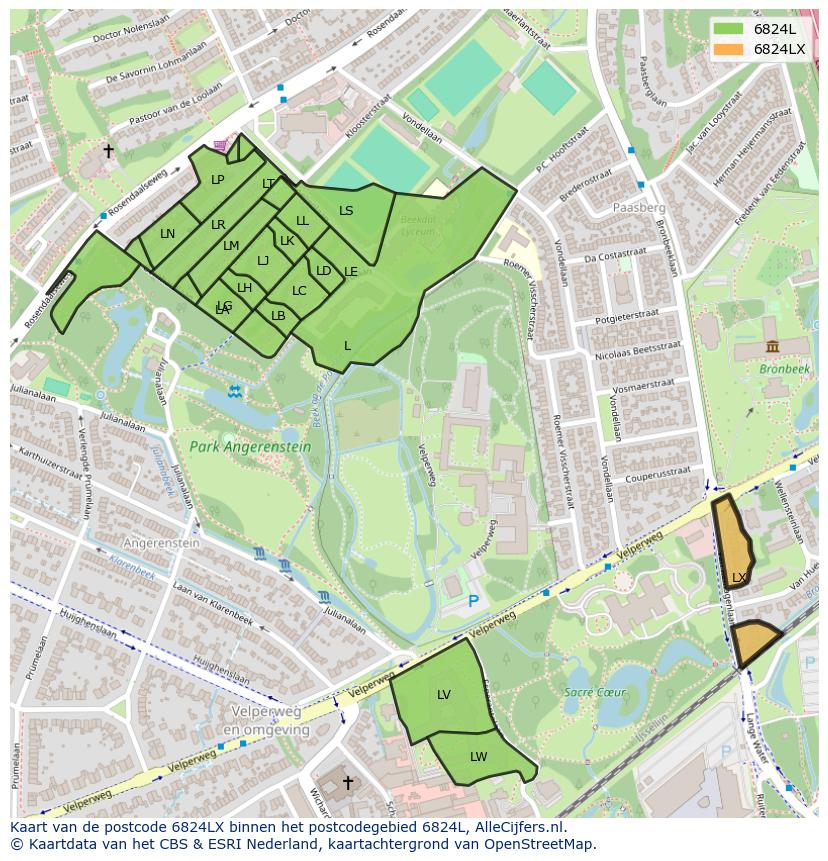 Afbeelding van het postcodegebied 6824 LX op de kaart.