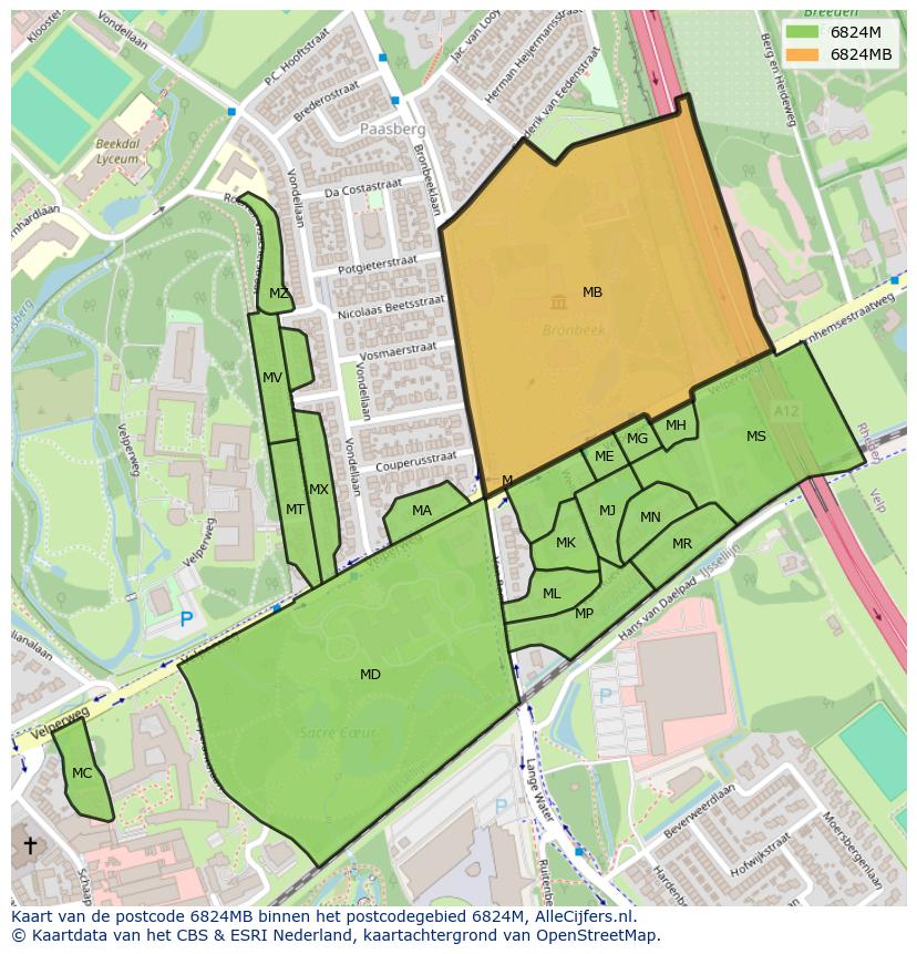 Afbeelding van het postcodegebied 6824 MB op de kaart.