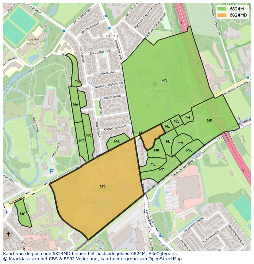 Afbeelding van het postcodegebied 6824 MD op de kaart.