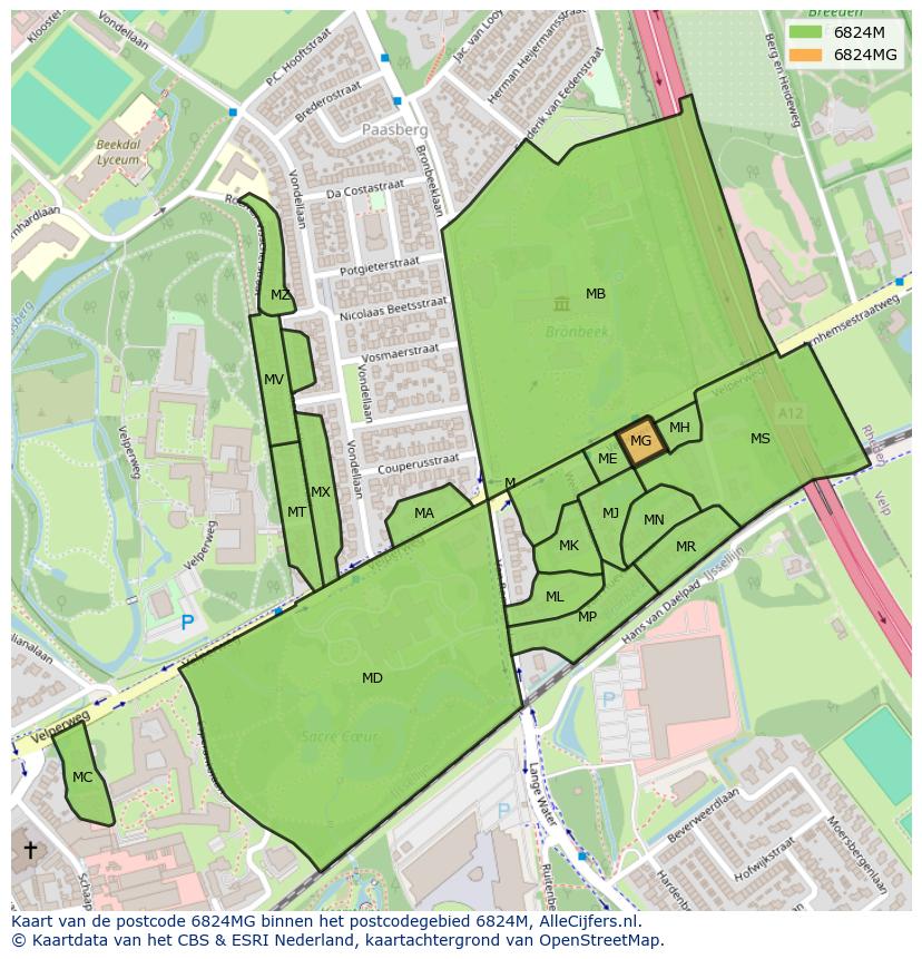 Afbeelding van het postcodegebied 6824 MG op de kaart.