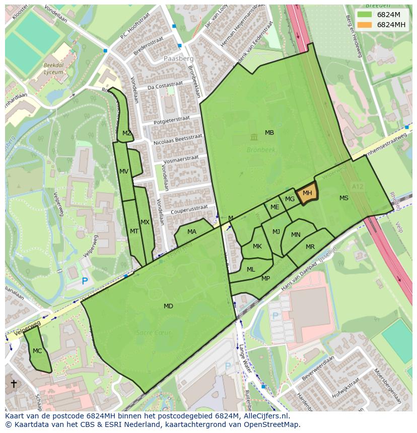Afbeelding van het postcodegebied 6824 MH op de kaart.
