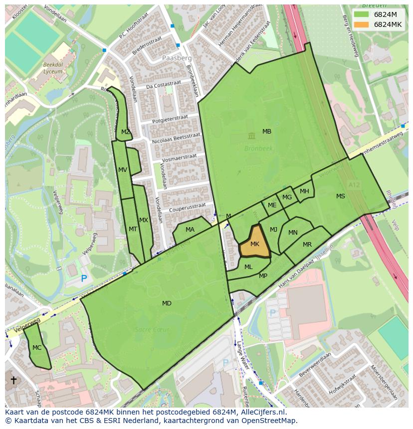 Afbeelding van het postcodegebied 6824 MK op de kaart.