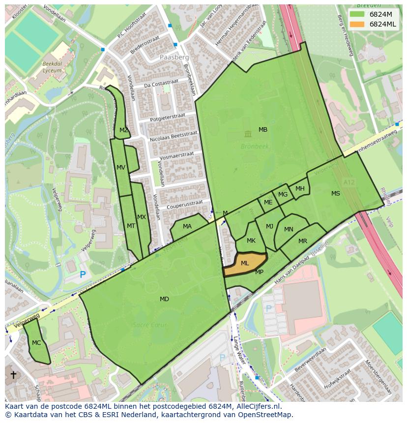 Afbeelding van het postcodegebied 6824 ML op de kaart.