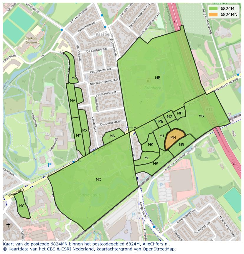 Afbeelding van het postcodegebied 6824 MN op de kaart.