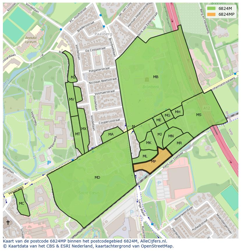 Afbeelding van het postcodegebied 6824 MP op de kaart.