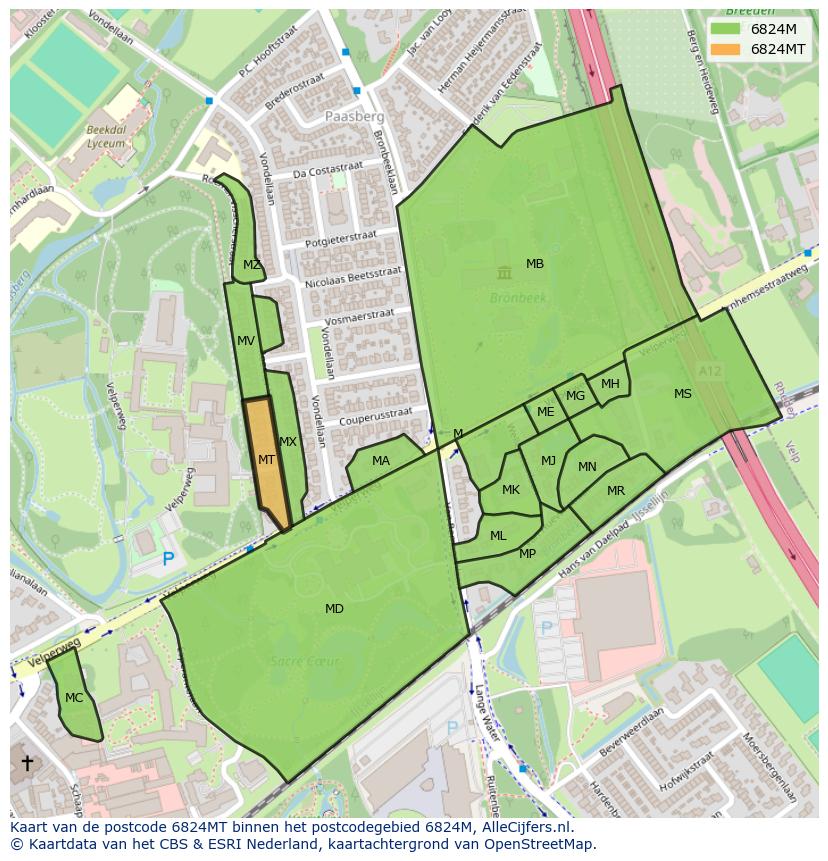 Afbeelding van het postcodegebied 6824 MT op de kaart.