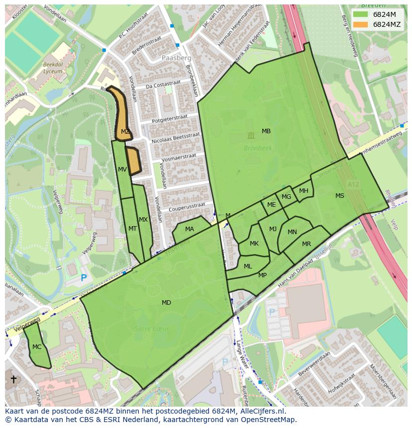 Afbeelding van het postcodegebied 6824 MZ op de kaart.