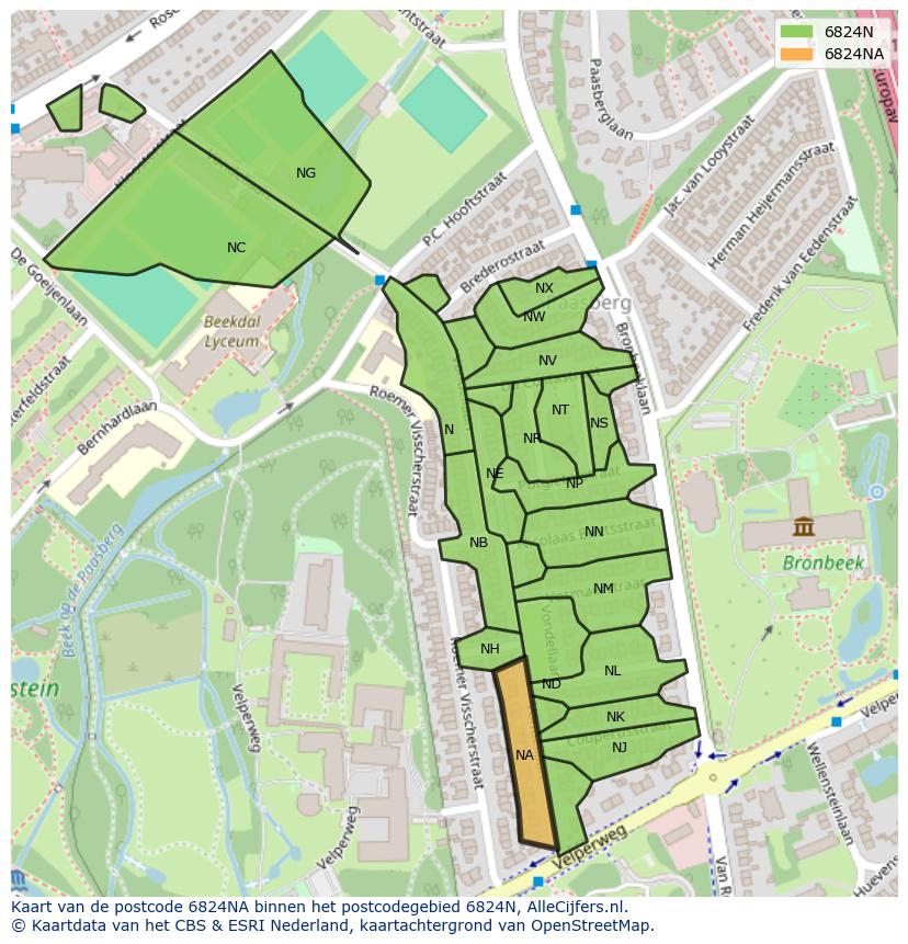 Afbeelding van het postcodegebied 6824 NA op de kaart.