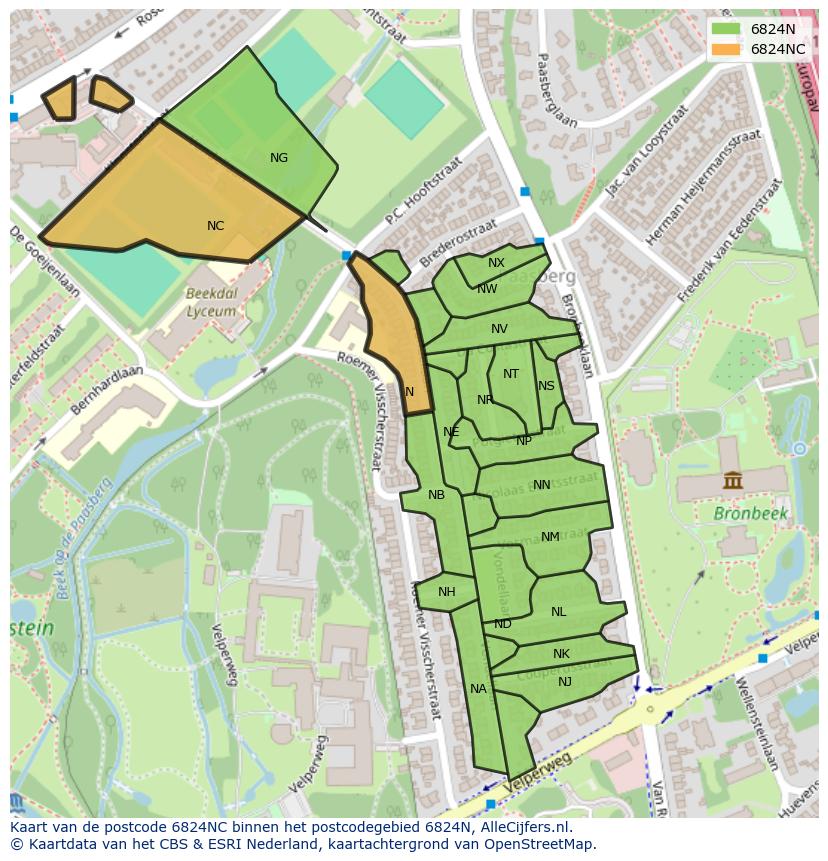 Afbeelding van het postcodegebied 6824 NC op de kaart.