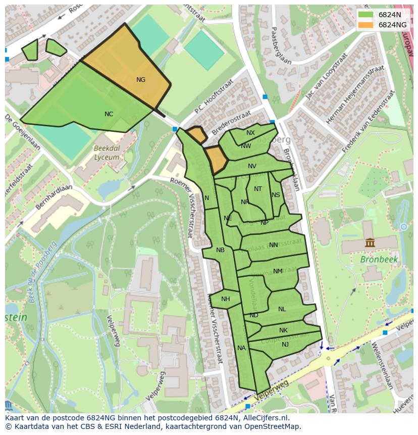 Afbeelding van het postcodegebied 6824 NG op de kaart.