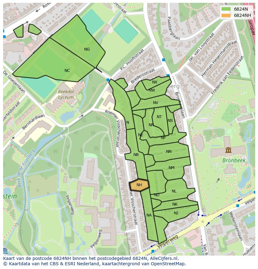 Afbeelding van het postcodegebied 6824 NH op de kaart.