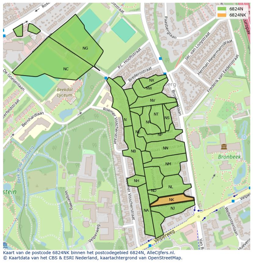 Afbeelding van het postcodegebied 6824 NK op de kaart.