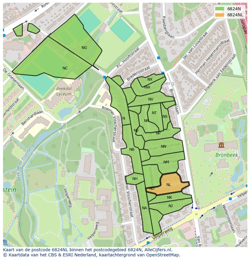Afbeelding van het postcodegebied 6824 NL op de kaart.