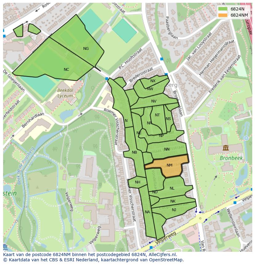 Afbeelding van het postcodegebied 6824 NM op de kaart.