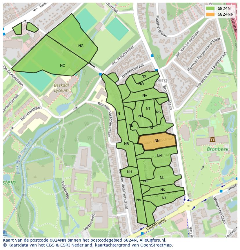 Afbeelding van het postcodegebied 6824 NN op de kaart.
