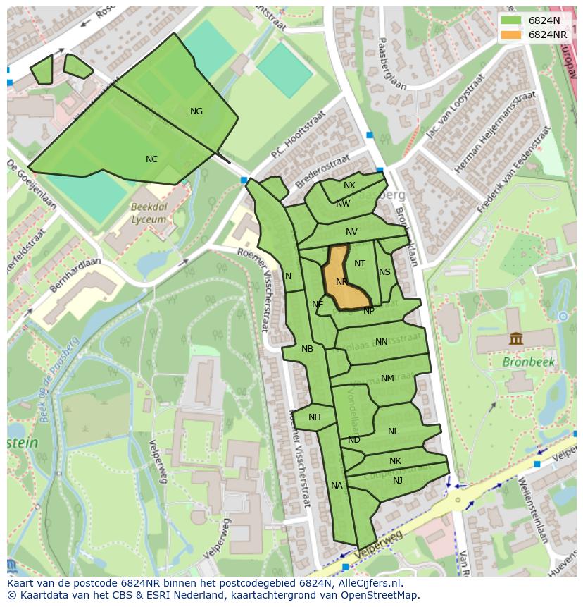 Afbeelding van het postcodegebied 6824 NR op de kaart.