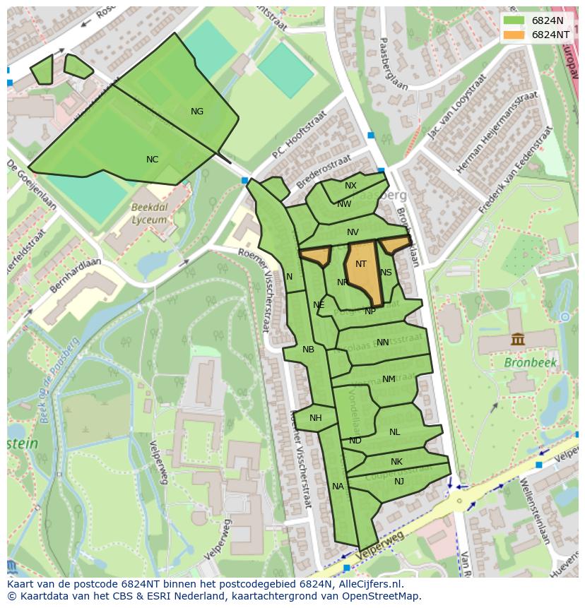 Afbeelding van het postcodegebied 6824 NT op de kaart.