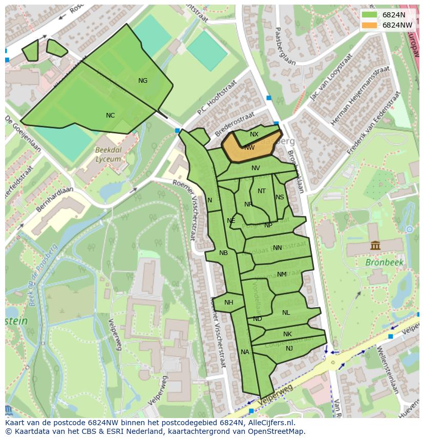 Afbeelding van het postcodegebied 6824 NW op de kaart.