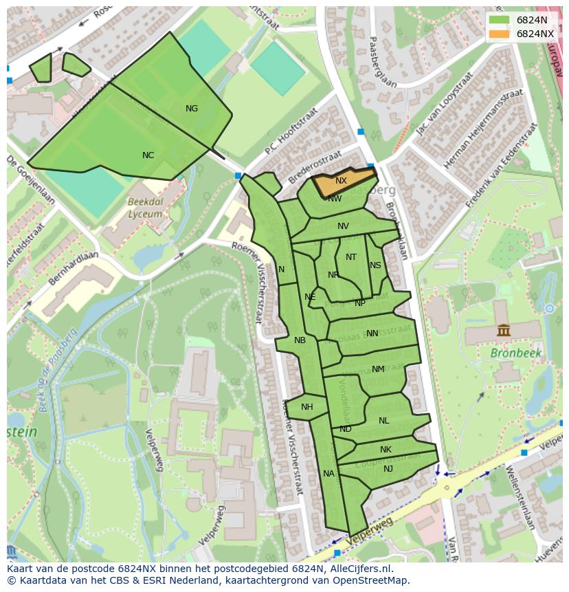 Afbeelding van het postcodegebied 6824 NX op de kaart.