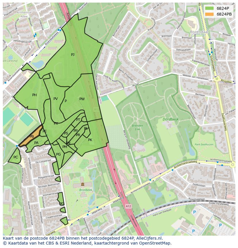 Afbeelding van het postcodegebied 6824 PB op de kaart.