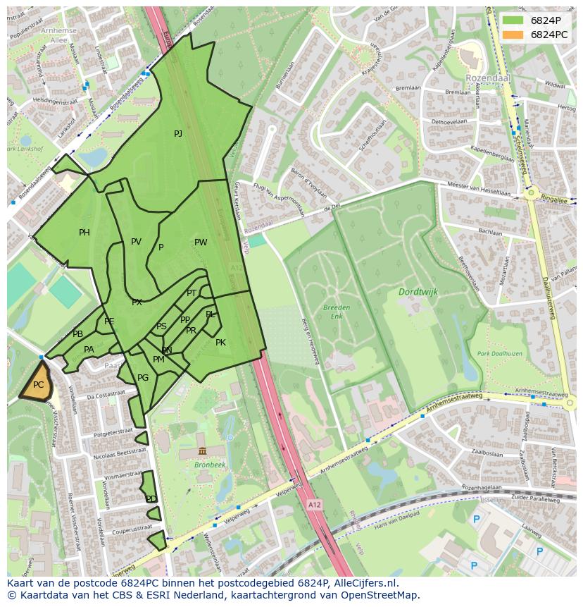 Afbeelding van het postcodegebied 6824 PC op de kaart.
