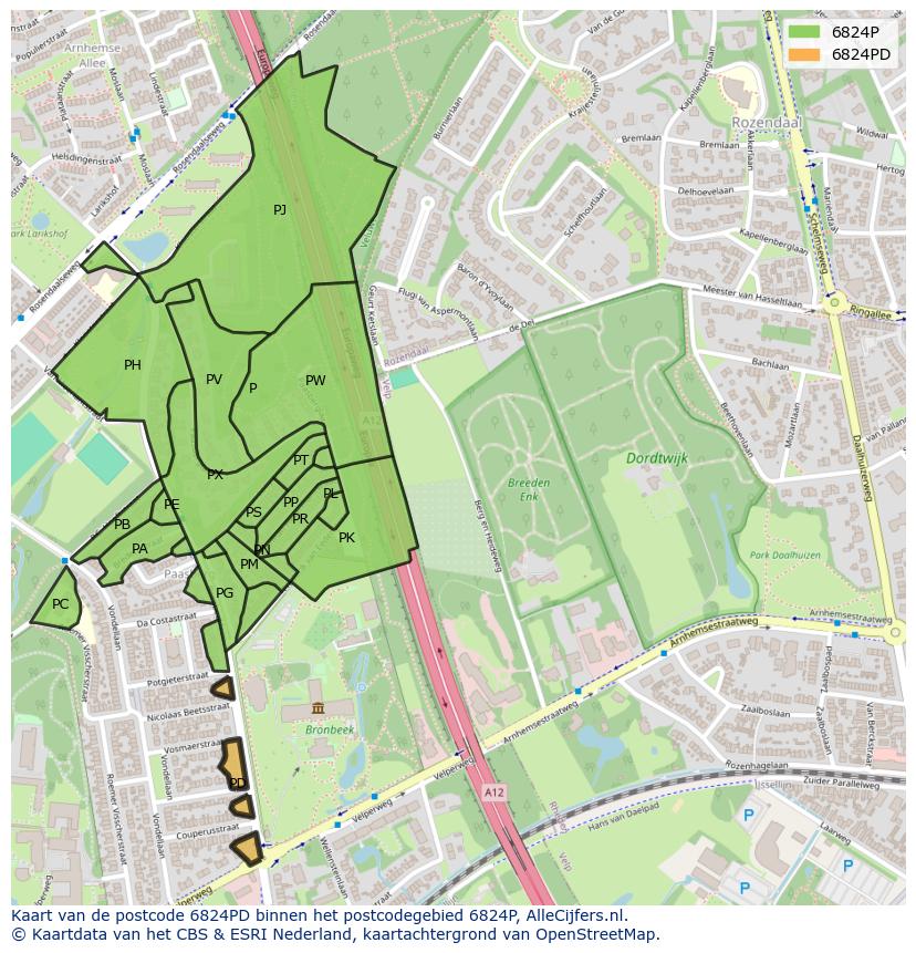Afbeelding van het postcodegebied 6824 PD op de kaart.