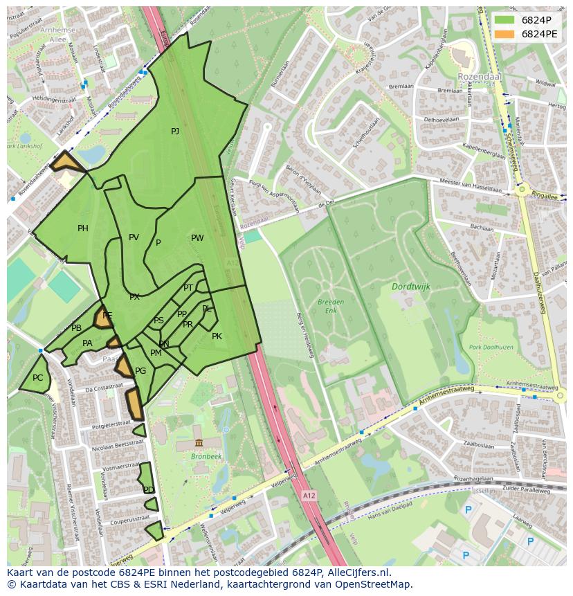 Afbeelding van het postcodegebied 6824 PE op de kaart.