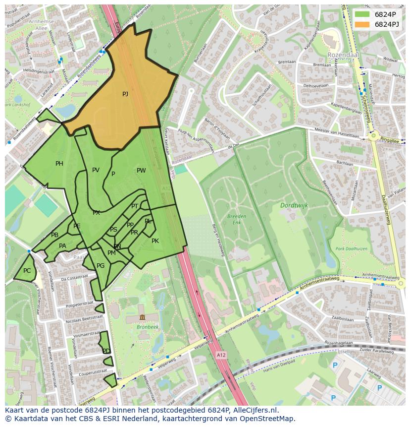 Afbeelding van het postcodegebied 6824 PJ op de kaart.
