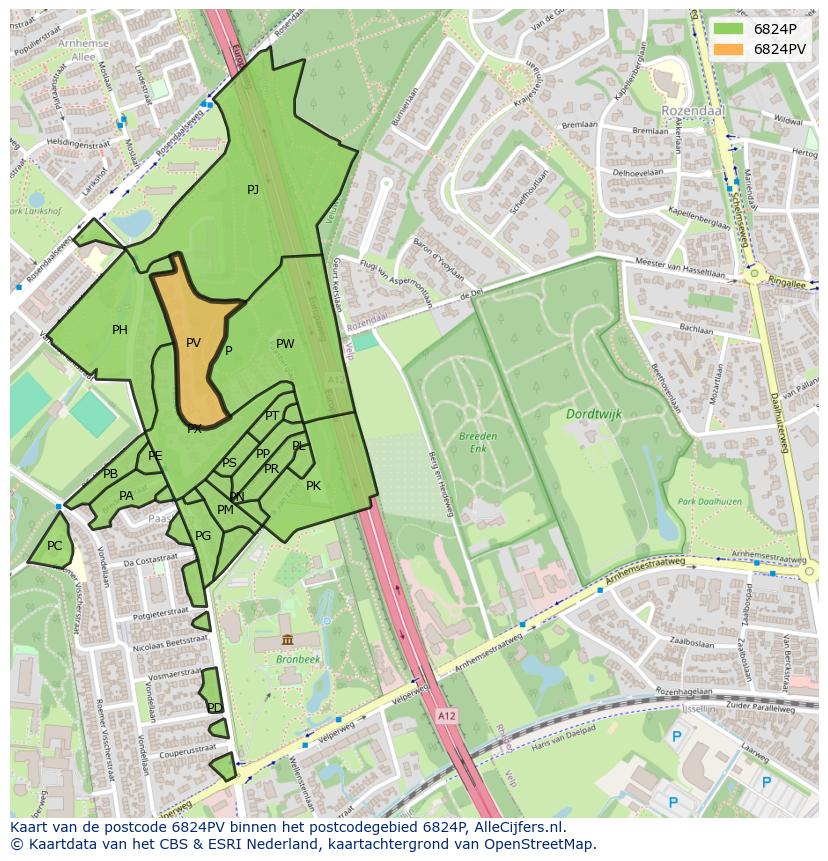 Afbeelding van het postcodegebied 6824 PV op de kaart.