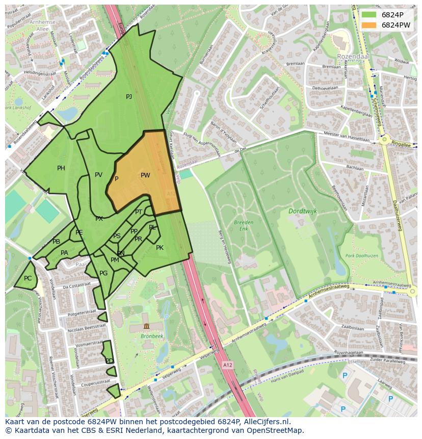 Afbeelding van het postcodegebied 6824 PW op de kaart.