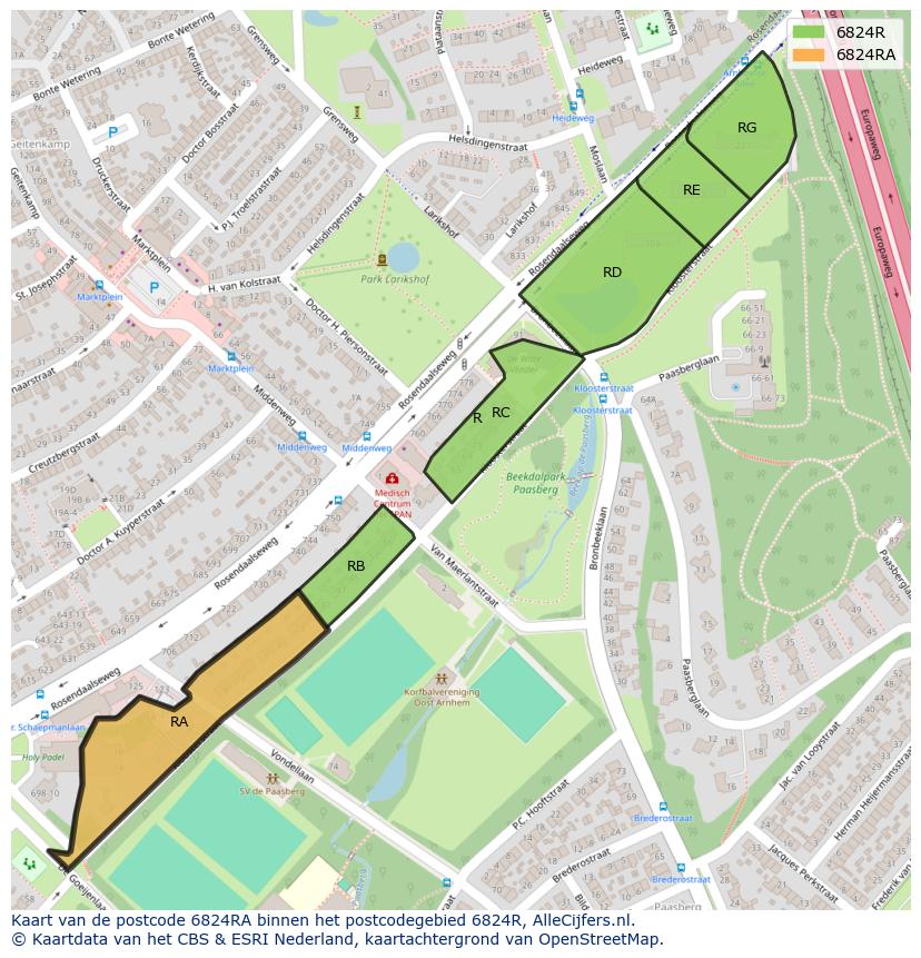 Afbeelding van het postcodegebied 6824 RA op de kaart.