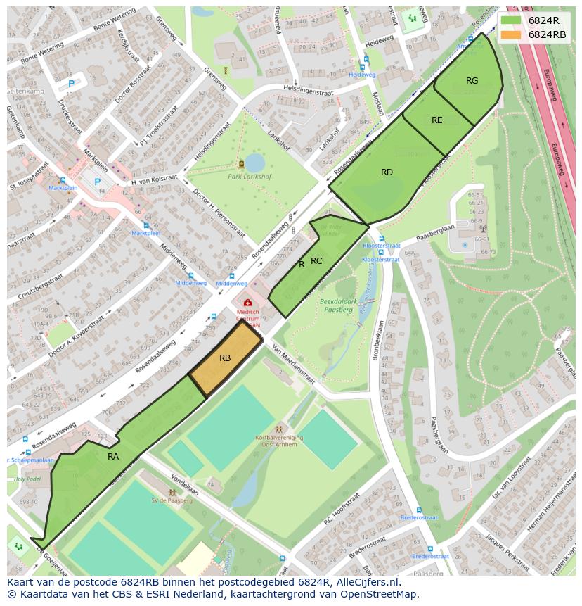 Afbeelding van het postcodegebied 6824 RB op de kaart.